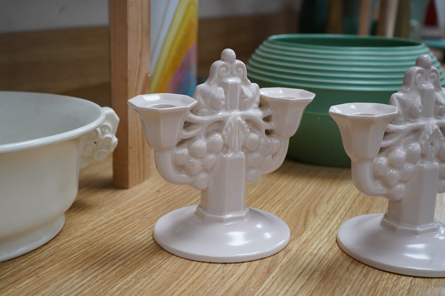 John Adam for Poole pottery, a pair of two branch candelabra and a magnolia white glazed bowl number 672, largest 29cm wide